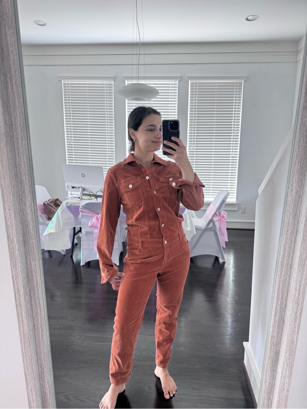 Signature8 burnt orange Corduroy Button-Front Jumpsuit